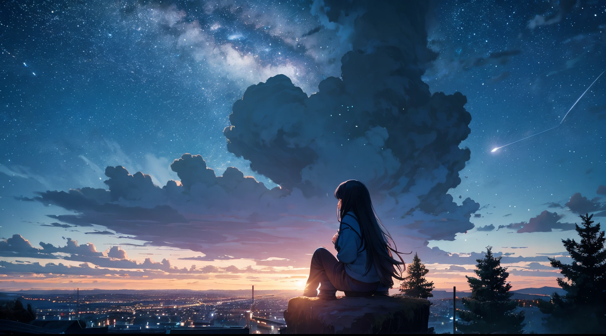 octans, sky, star (sky), scenery, starry sky, night, 1girl, night sky, solo, outdoors, building, cloud, milky way, sitting, tree, long hair, city, silhouette, cityscape