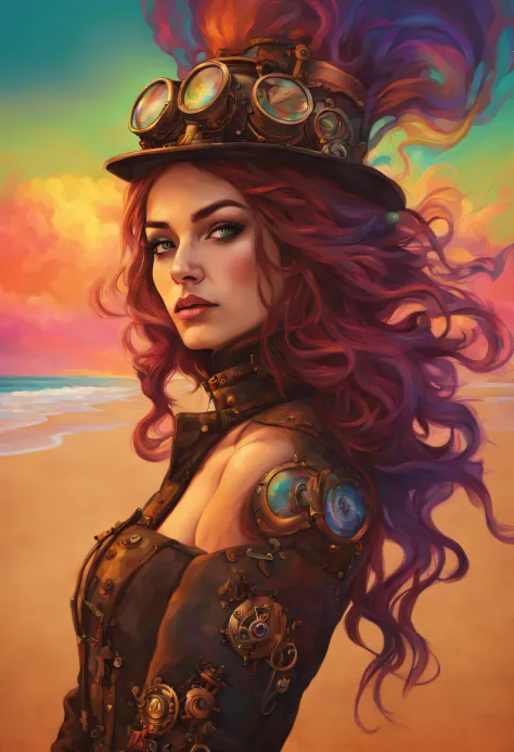 A gorgeous steampunk and psychedelic female portrait; with beautiful colors and in the background explosions of sand of full col...