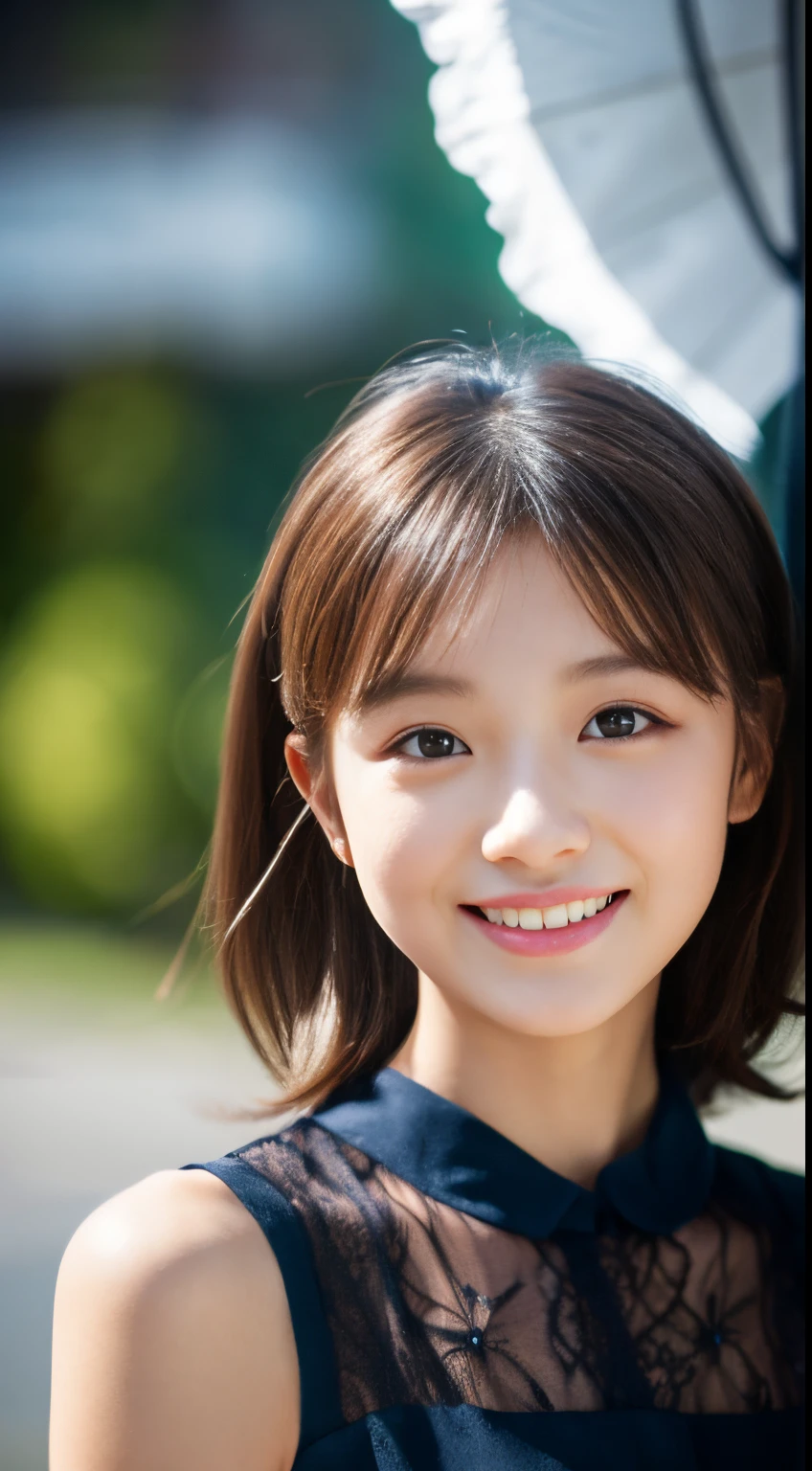 A happy smile looking at this、(daydream), 1girl in, Solo Images, Kim Yoo-jung, (Quite a young face (Russian)), Focus chest, (Insult Strip Color Hair), (Lace dress), (Highly realistic detail faces in 8k HD:1.5 (Soft Scene, Very low lightning), Detailed beautiful reflexed pupils, masutepiece:1.3, 超A high resolution:1.2, Dynamic lighting)