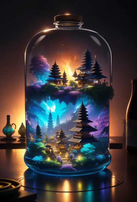 (an intricate bali minitown landscape trapped in a bottle), atmospheric oliva lighting, on the  table, 4k uhd, dark vibes, hyper...