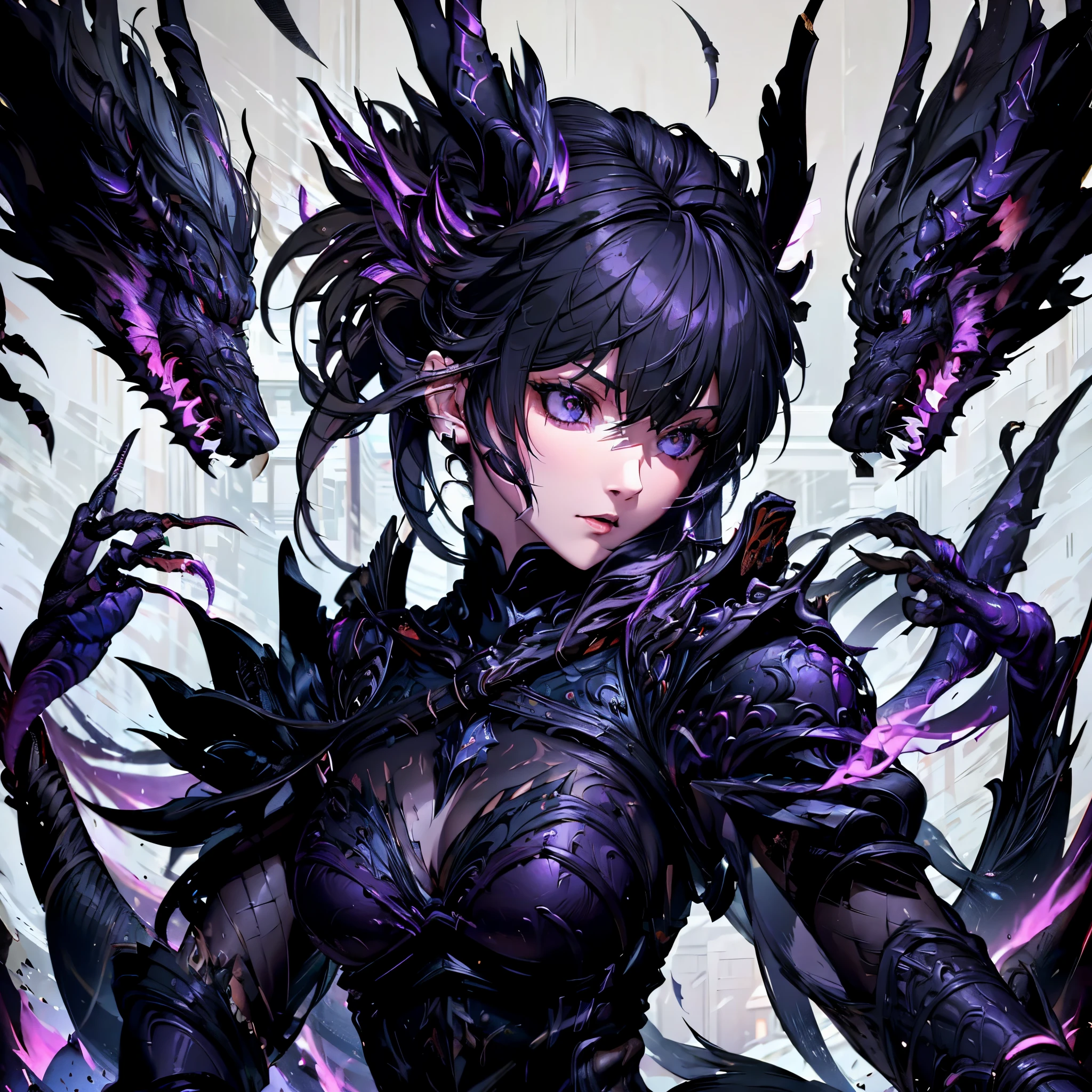Girl in black armor. she is a sharp ornament. Two black dragons attack her from behind.. Sharp Hair Ornament. torn feather. sharp claws. she is dyed in purple flame.