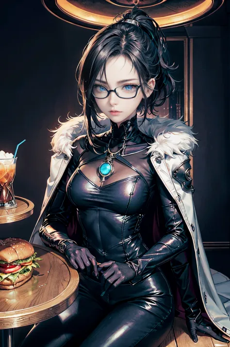 Cinematic lighting、highlydetailed skin、masutepiece,1girl in, Best Quality,cyberpunked,(Alternative、dim colors, Soothing tones:1.3),(Beautuful Women、Detailed beautiful facial features、Short black hair、blue eyess、eye glass、slenderbody:1.3)（eye glass:1.5）leat...