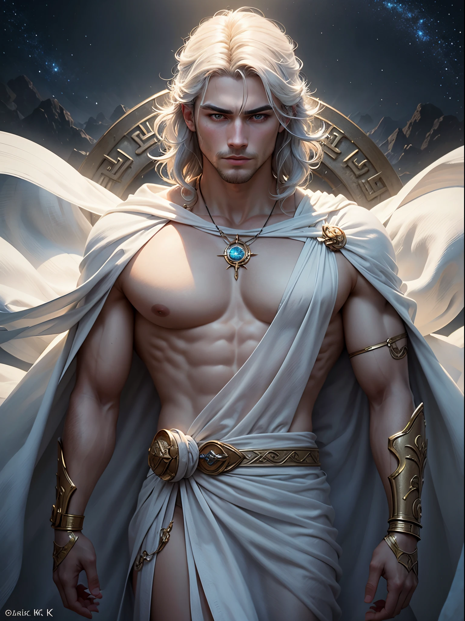 Masterpiece, best quality, high quality, realistic, hdr, extremely detailed CG Mythology, zeus, detailed face, ((white silk greek mythology costumes)), silk costumes, ((floating medium white hair)), king of gods, male saint body, muscular body, Greek god zeus temple. mythical. Image 8k, Enhanced graphics, Good quality, volumetric lighting. Galaxy and dream world behind him landscape, manly, moonglow, mythology, delicate lighting, cinematic lighting, glow irises, light face, shirt with a silk strip crossing the chest