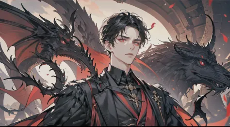 one male with one feathered dragon, adult, adult face, short messy black hair , handsome, beautiful, dark red eyes, detailed and...