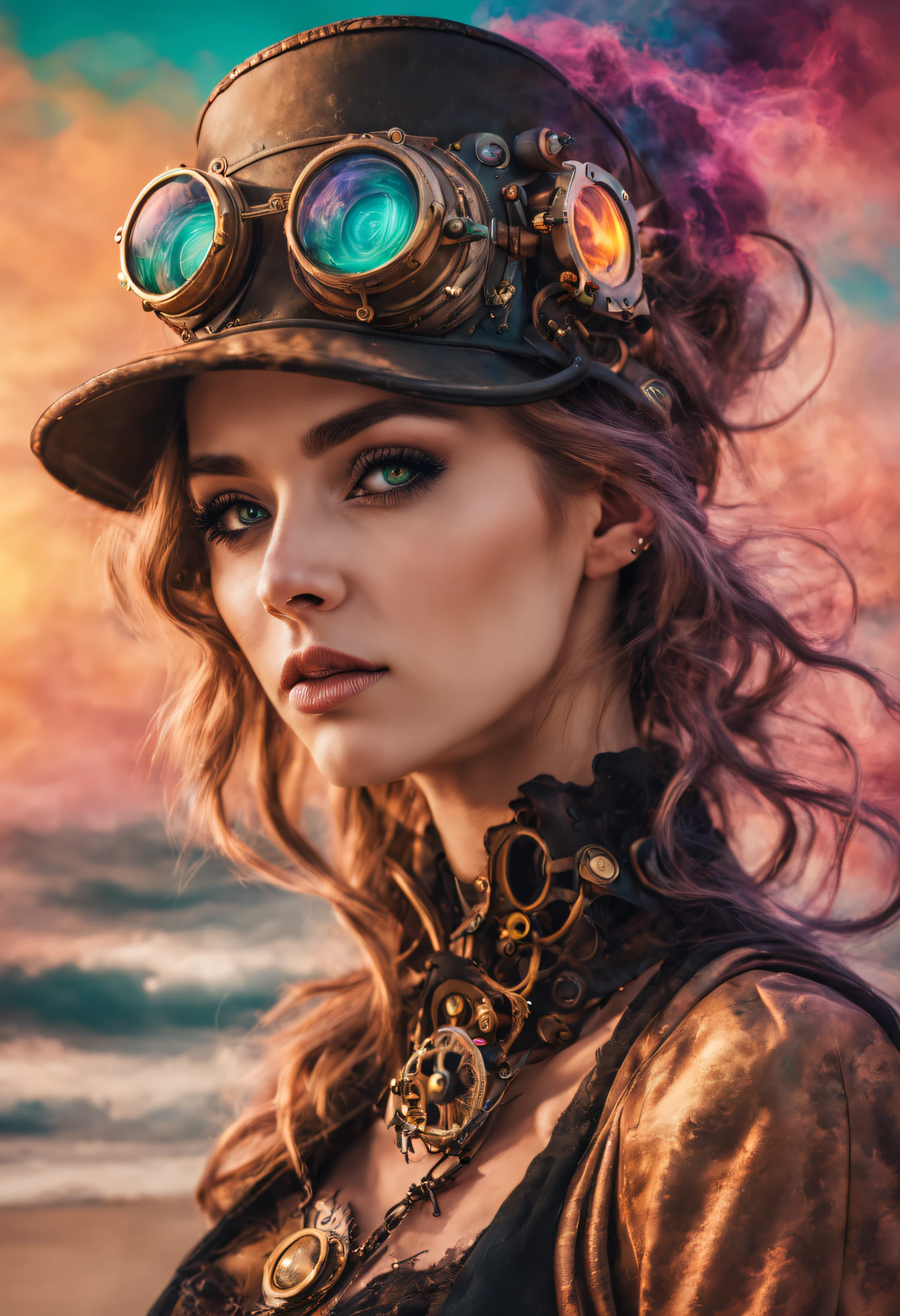 Ein wunderschönes Steampunk- und psychedelisches Frauenporträt mit wunderschönen Farben und im Hintergrund Explosionen von Sand in vollen Farben gemischt