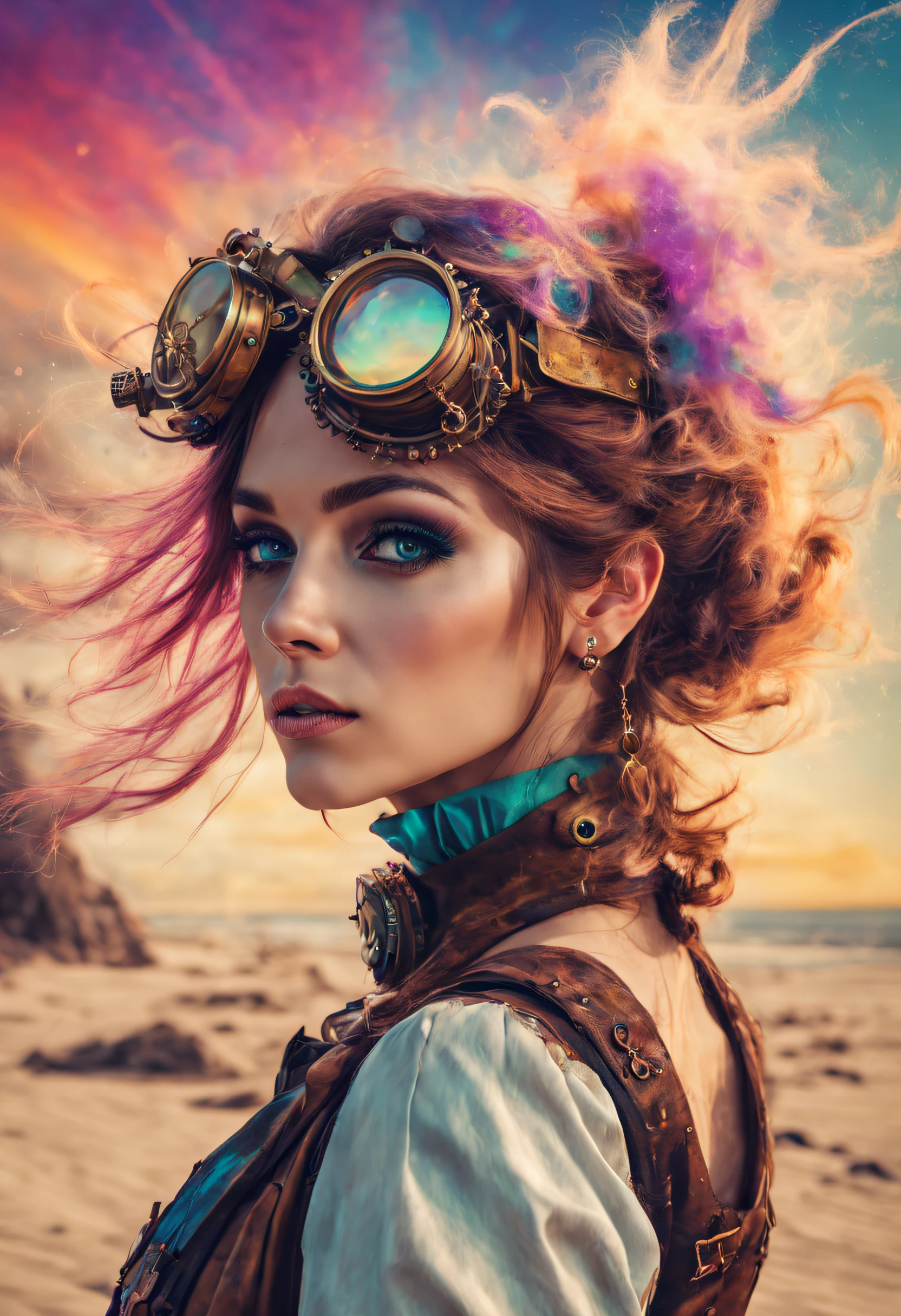 Ein wunderschönes Steampunk- und psychedelisches Frauenporträt mit wunderschönen Farben und im Hintergrund Explosionen von Sand in vollen Farben gemischt