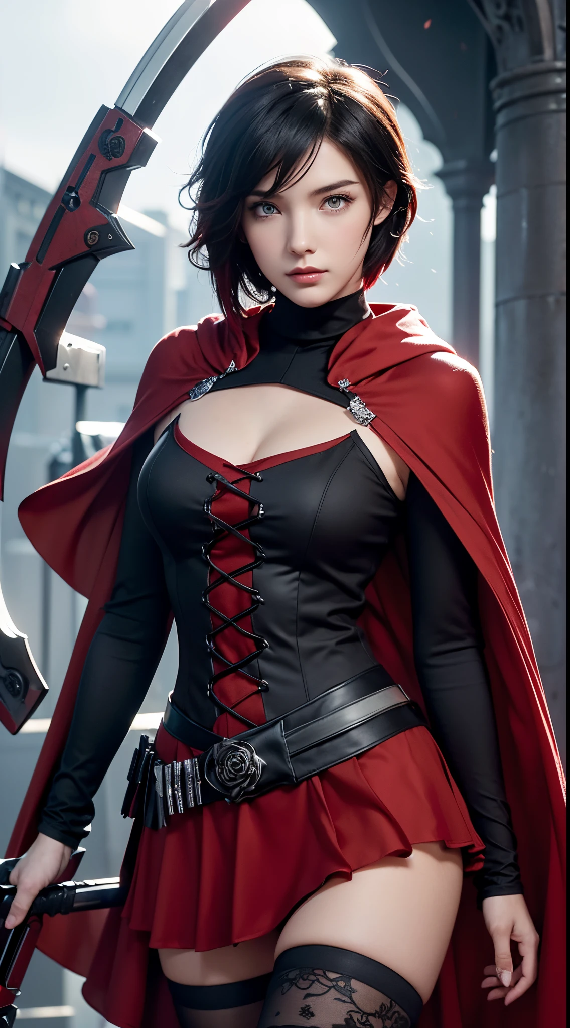 ruby rose (\rwby\), brunette, 1 girl, best quality, high-detailed, masterpiece, high definition, Sharp: 1.2, Perfect body beauty: 1.4, Slim abs: 1.2, ((Layered Hair Style,)), Highly detailed face and skin texture, Detailed eyes, Double eyelids, Looking at the camera, silver eyes, long hair, night background, perfect lighting,(bright), hyperrealism, thighhighs, rwby, red scythe, red cloak, silver rose brooch, short hair, teenager, black-red gothic dress, rose petals