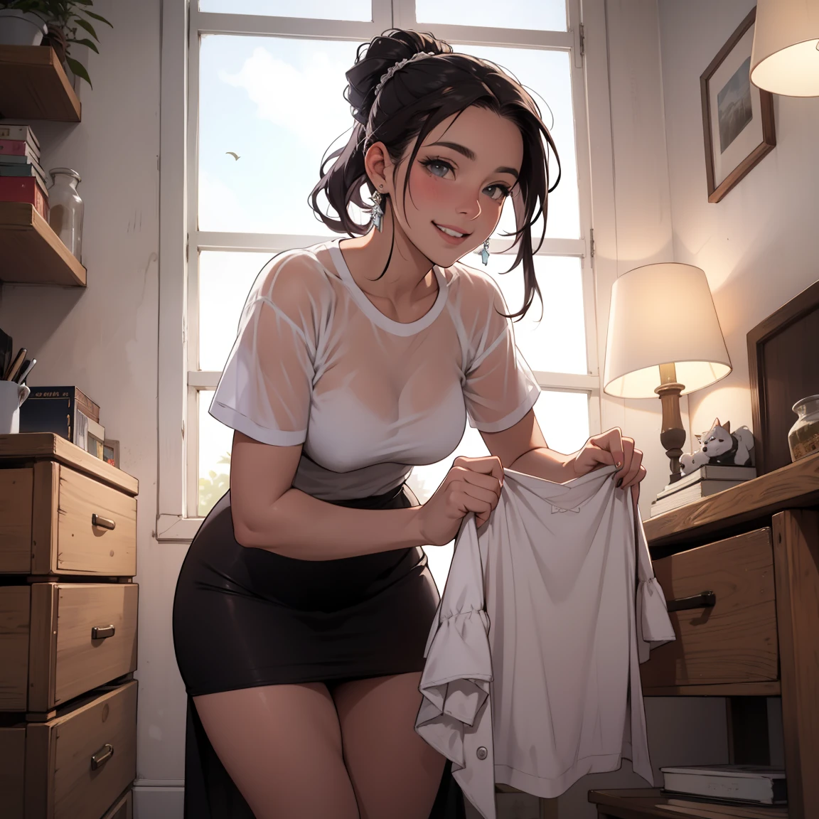 Chica anime con una camisa blanca y falda negra sosteniendo una camisa  blanca - SeaArt AI