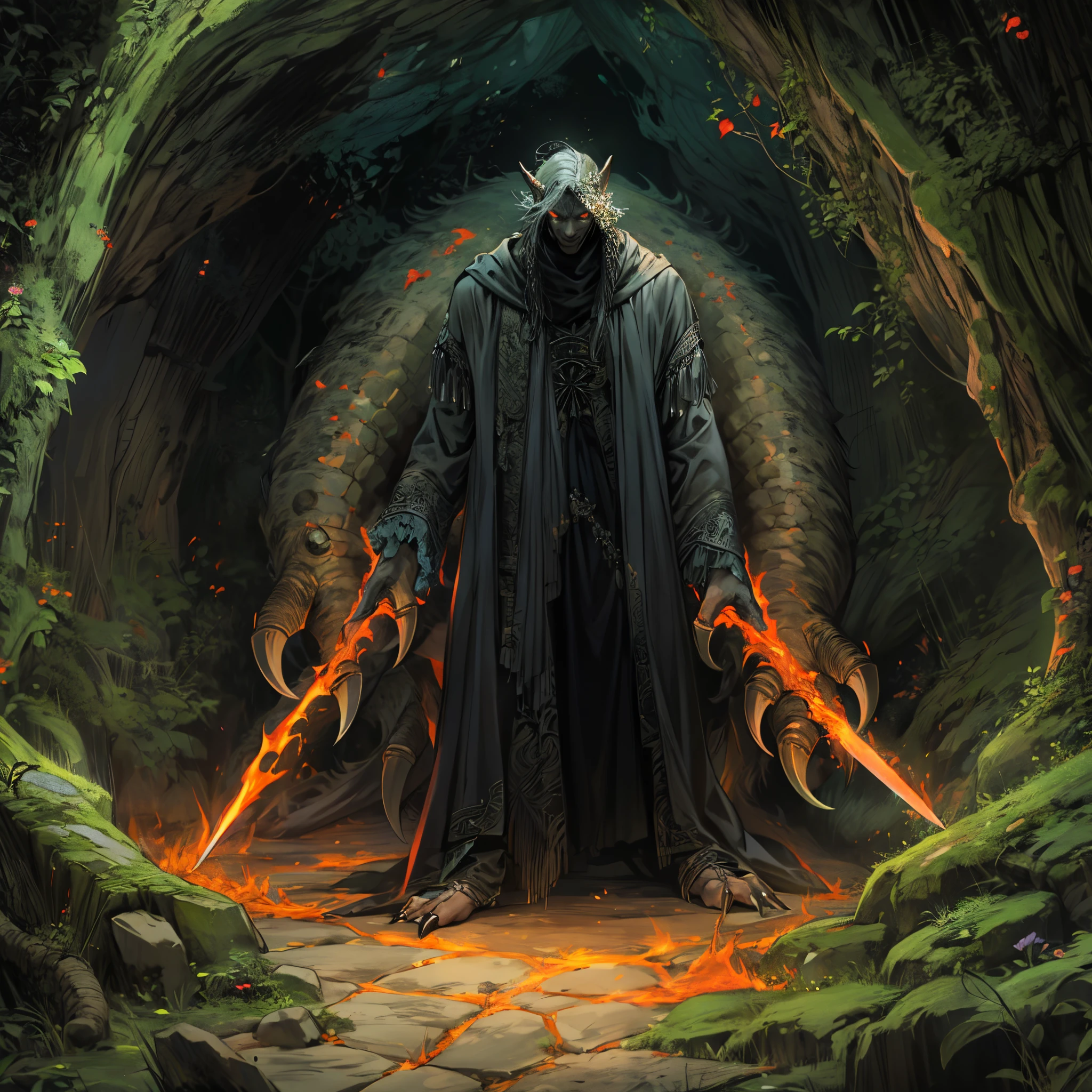 ultra detallado, beautiful and aesthetic, Beautiful, obra maestra , misterio , atmospheric , genial , sobrenatural , La mejor calidad , cueva , 1 hombre , 1 demonic monster , monstruo muy grande , Hombre matando monstruo , The man has a long black hooded robe , He can use magic , El monstruo tiene un cuerno muy grande , Monstruo respira hacer fuego ,  El hombre tiene una gran espada brillante , fantasy sword , 4 Little monster around the big monster , Magma alrededor del campo de batalla , The battlefield is in Cavern , Toda la cuevaa en llamas , La espada del hombre brilla , Acantilado de mayo y roca en Caverna , Caverna en llamas , (Caverna ultra detallada) , (Magma ultra detallado) , (Cara de hombre ultra detallada) , (Espada ultra detallada) , (Monstruo ultra detallado)