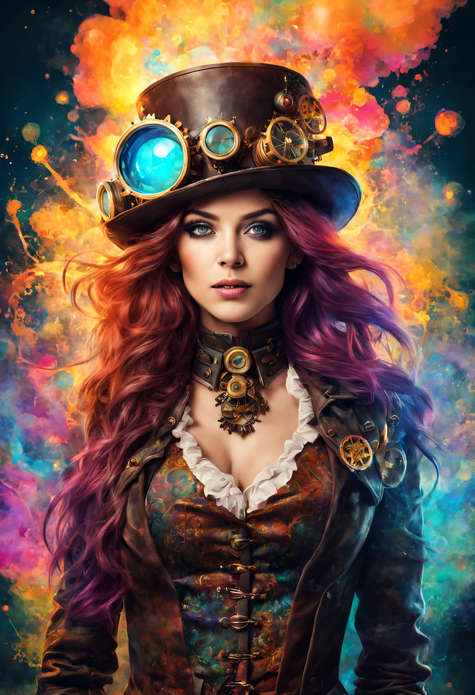 A gorgeous steampunk and psychedelic women portrait with beautiful colors and in the background explosions of water of full colors mixed
