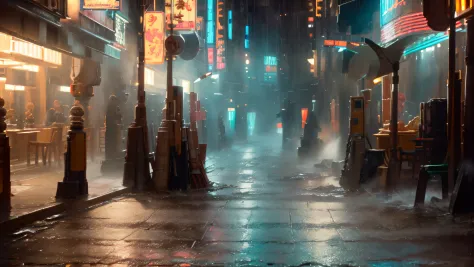 ((Best quality)), ((Masterpiece)), (highly detailed:1.3), Cyberpunk Noodle Bar la nuit sous la pluie,ville, cinematic, inspired ...
