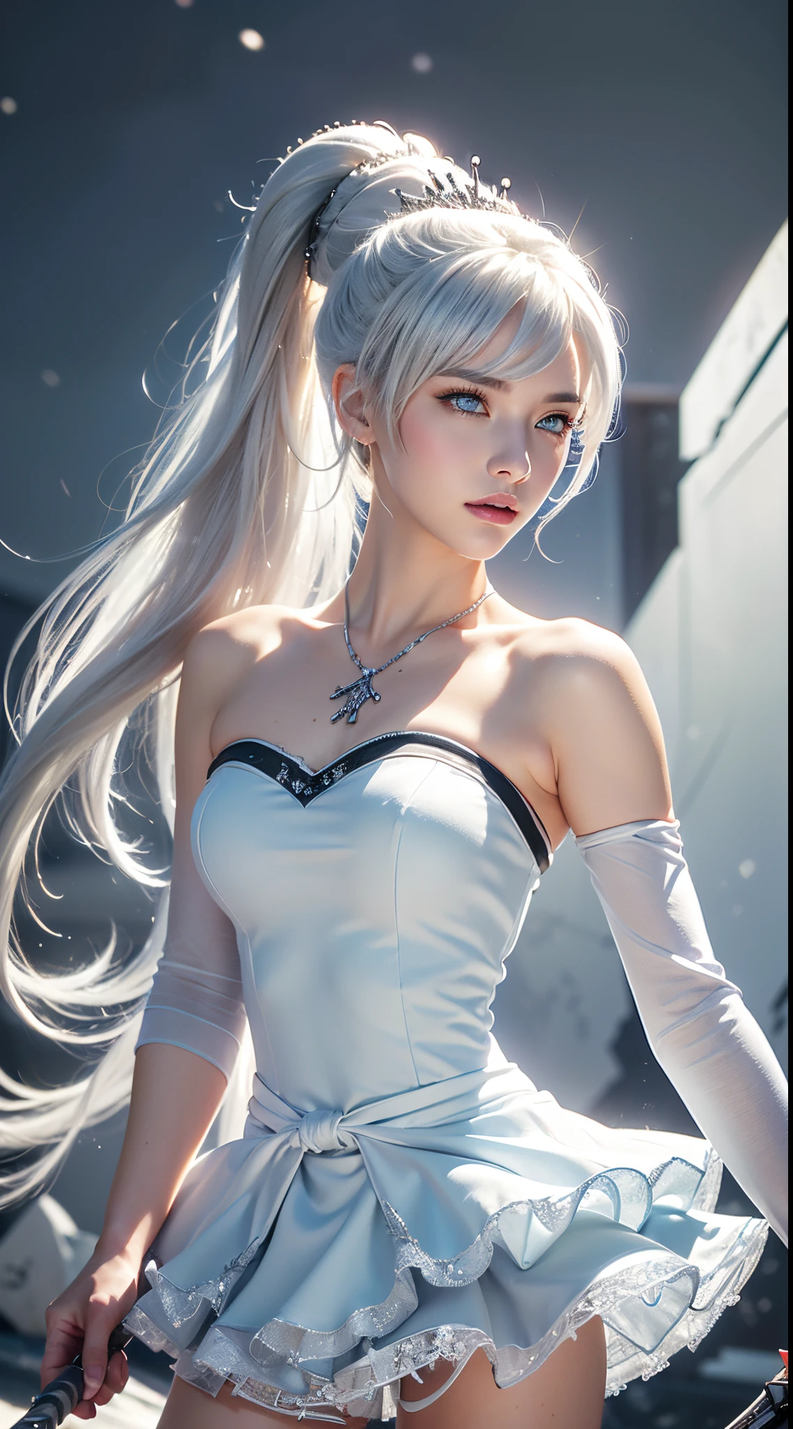 weiss schnee (\rwby\), silver hair, 1 girl, best quality, high-detailed, masterpiece, high definition, Sharp: 1.2, Perfect body beauty: 1.4, Slim abs: 1.2, ((Layered Hair Style,)), Highly detailed face and skin texture, Detailed eyes, Double eyelids, Looking at the camera, pale blue eyes, long hair, off-center ponytail, ice background, perfect lighting,(bright), hyperrealism, rwby, rapier in hand, silver icicle-shaped tiara, thigh-length strapless white-blue dress, pale skin