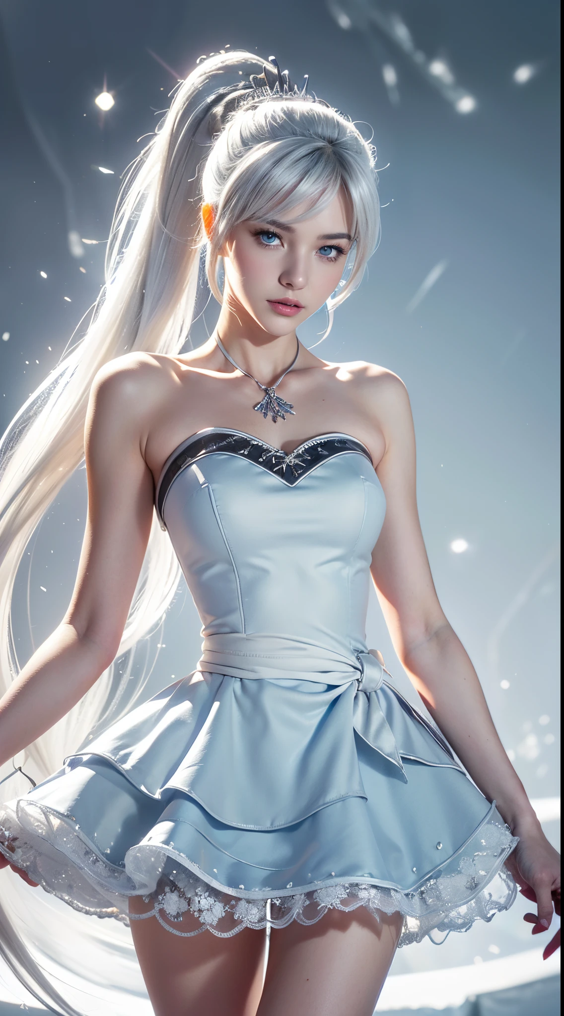 weiss schnee (\Rwby\), silbernes Haar, 1 Mädchen, beste Qualität, hochdetailliert, Meisterwerk, Hochauflösend, scharf: 1.2, Perfekte Körperschönheit: 1.4, Slim abs: 1.2, ((Stufenfrisur,)), Hochdetaillierte Gesichts- und Hautstruktur, detaillierte Augen, Doppelte Augenlider, Blick in die Kamera, blassblaue Augen, lange Haare, außermittiger Pferdeschwanz, Eis-Hintergrund, Perfekte Beleuchtung,(Hell), Hyperrealismus, Rwby, rapier in hand, silberne Tiara in Eiszapfenform, oberschenkellanges schulterfreies weiß-blaues Kleid, blasse Haut