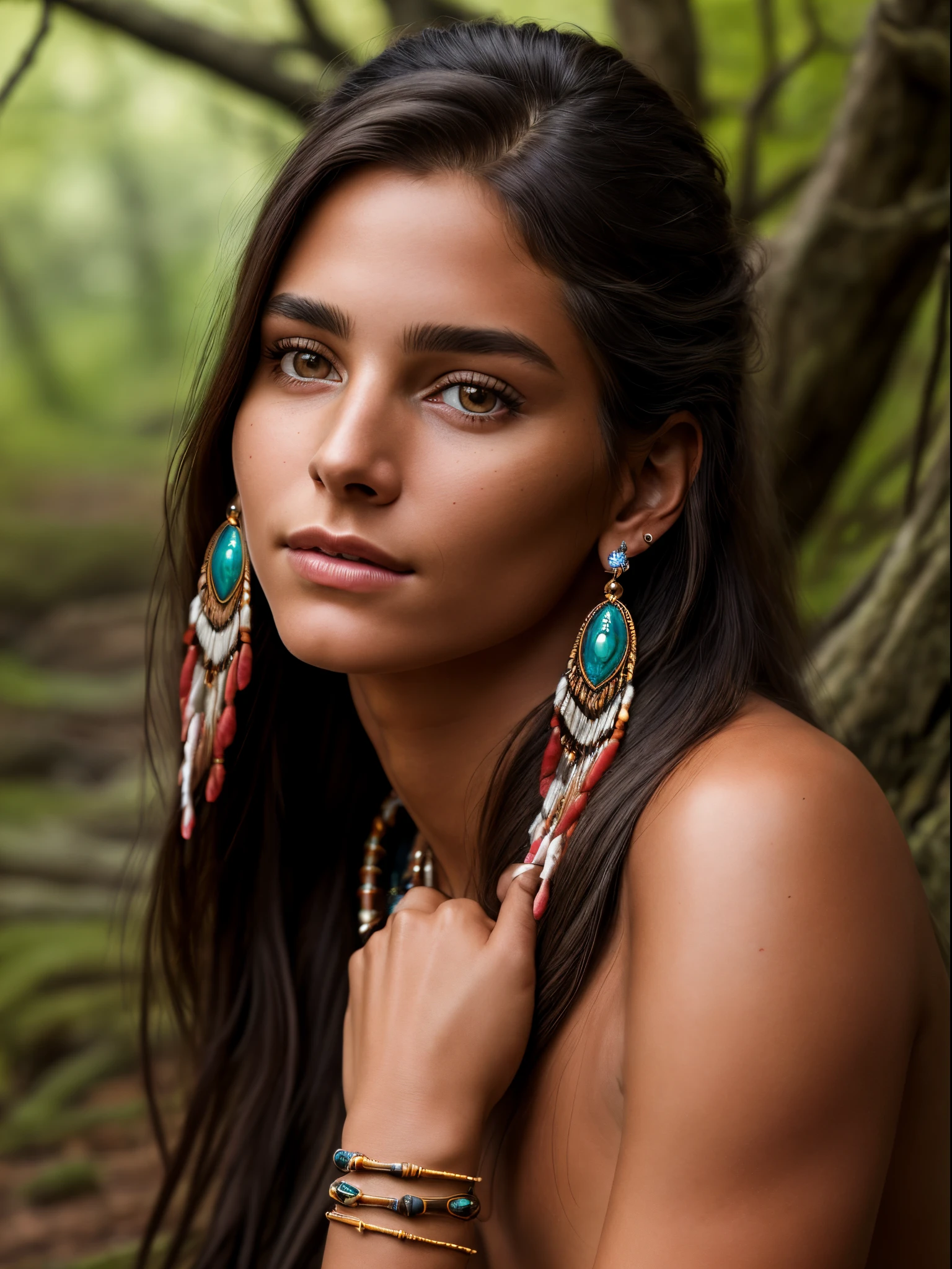 A close up of a woman wearing a necklace and earrings - SeaArt AI