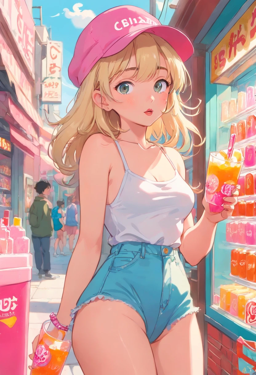 A woman in a pink hat and blue shorts is standing in front of a store -  SeaArt AI