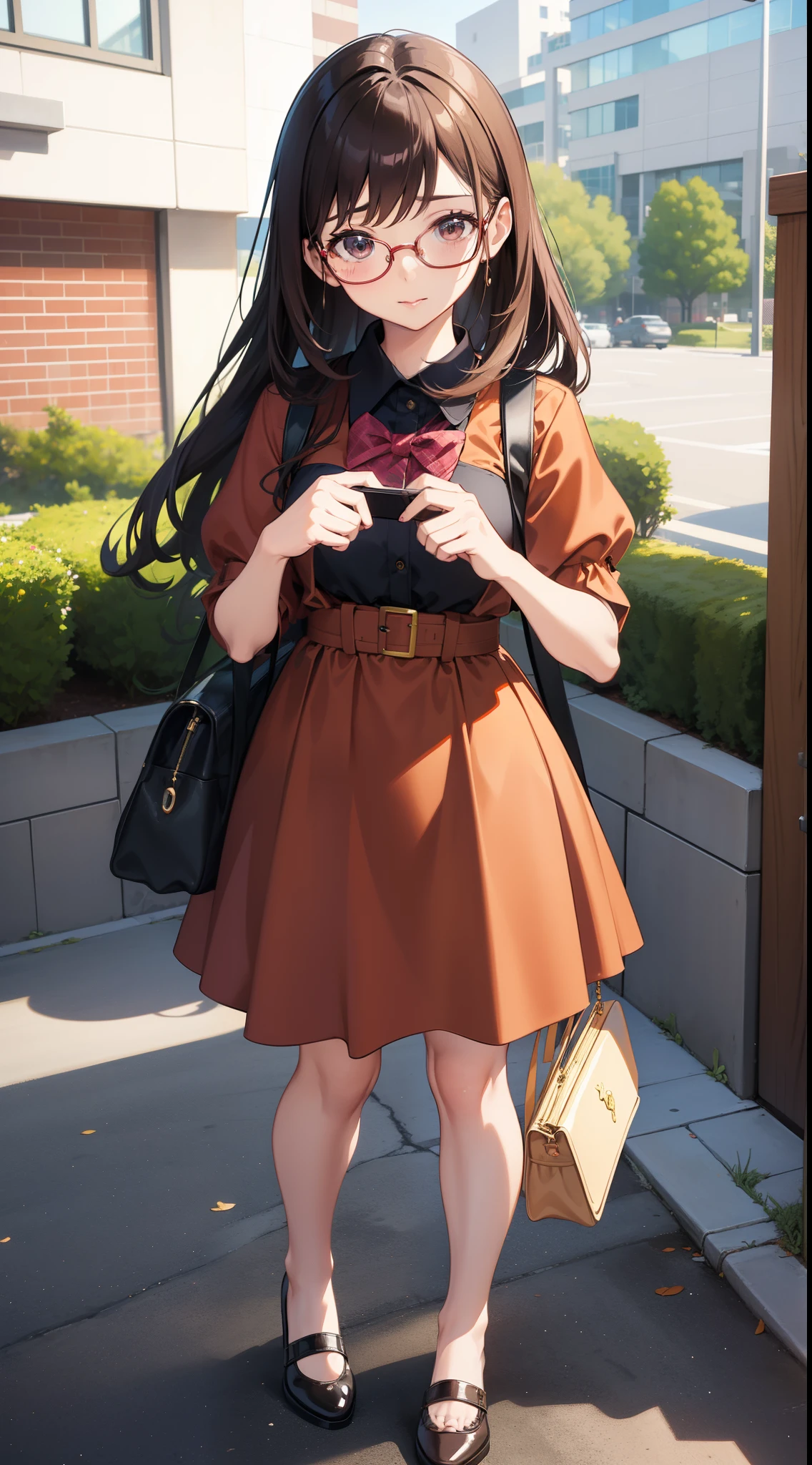 Anime girl in brown dress and black shoes standing on sidewalk - SeaArt AI