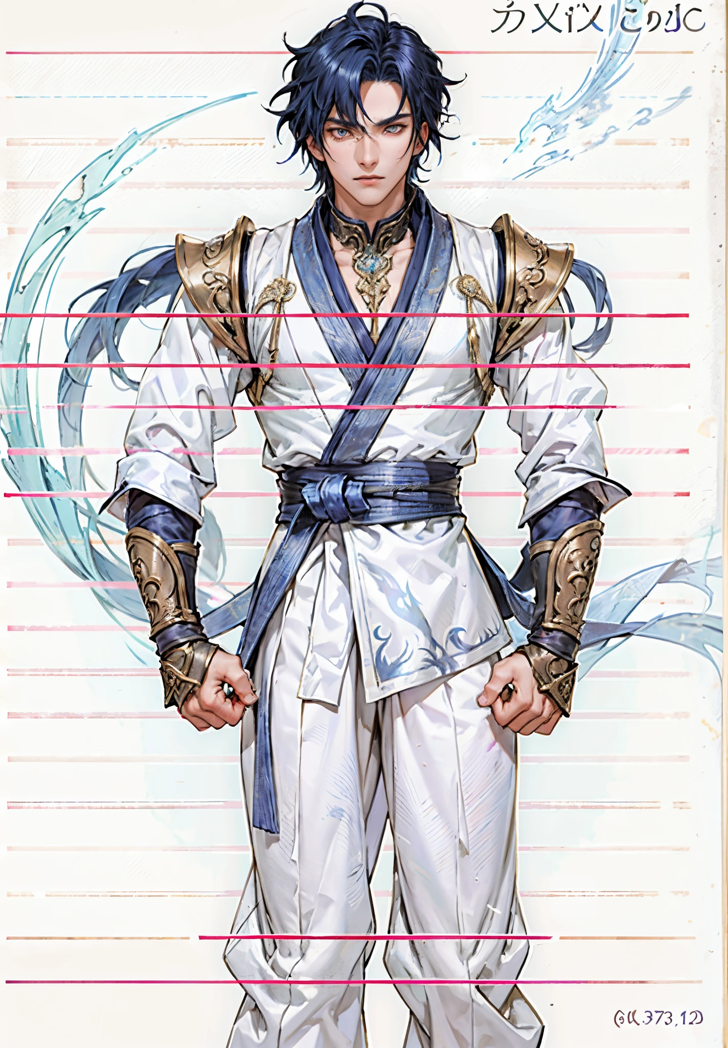 ein junger Mann, indigoblaues Haar, erhabene und flauschige Kurzhaarfrisur, scharfer Blick, ein ernster Ausdruck, ein himmelblaues Kung-Fu-Outfit im Fantasy-Kampfkunststil, zerfetzte Ärmel, mit Schnüren umwickelte Hände, ein Leinengürtel um die Taille gebunden, Hose aus grobem Stoff, auf der Klippe in der Dunkelheit der Nacht, Dieser Charakter verkörpert einen fein ausgearbeiteten Fantasy-Kämpfer im Kampfkunststil im Anime-Stil, exquisiter und ausgereifter Manga-Kunststil, hochauflösend, beste Qualität, highres, ultra-detailliert, Feinste Malerei, extrem empfindlich, Fachmann, anatomisch korrekt, symmetrisches Gesicht, extrem detaillierte Augen und Gesicht, Hochwertige Augen, Kreativität, RAW-Foto, UHD, 8k, Natürliches Licht, filmische Beleuchtung, Meisterwerk-anatomy-perfect, Meisterwerk:1.5