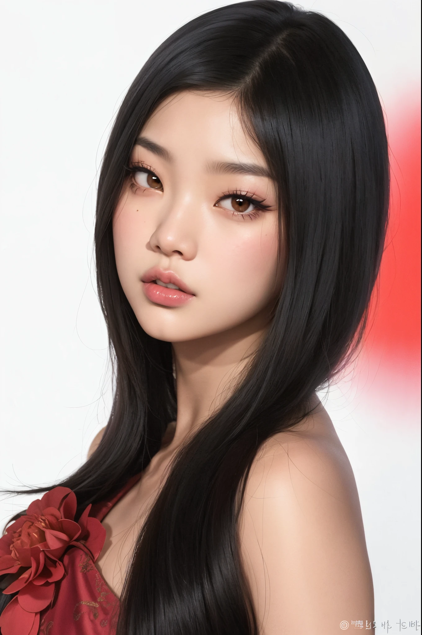 A close up of a woman with long black hair wearing a red dress - SeaArt AI