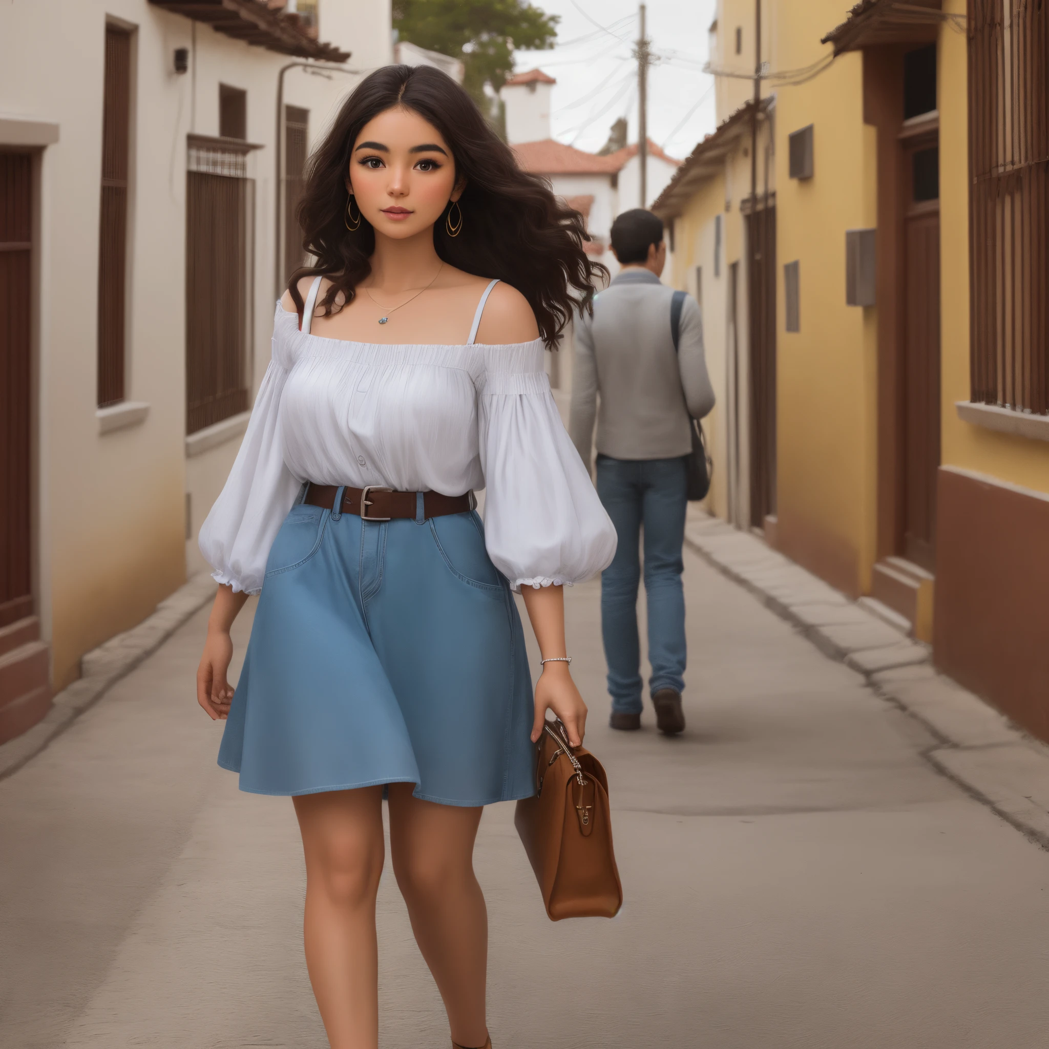 Woman walking down a narrow street with a purse and a purse - SeaArt AI