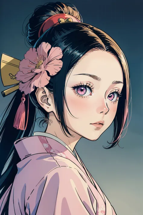 a close up of a person in a pink kimono, coloured manga scan, sui ishida art manga, inspired by kusumi morikage, female samurai,...