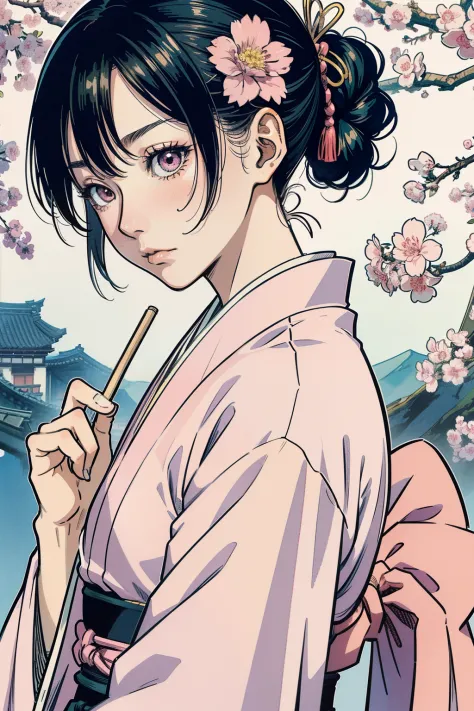 a close up of a person in a pink kimono, coloured manga scan, sui ishida art manga, inspired by kusumi morikage, female samurai,...