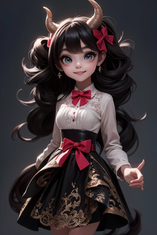 masterpiece, best quality, detailed face, a (horned demon girl) smiling, wearing a lace cloth dress, black hair, red smokey eyes makeup, (hair bow), tights, pumps, dramatic magic floating pose, (full body), (((sfw)))