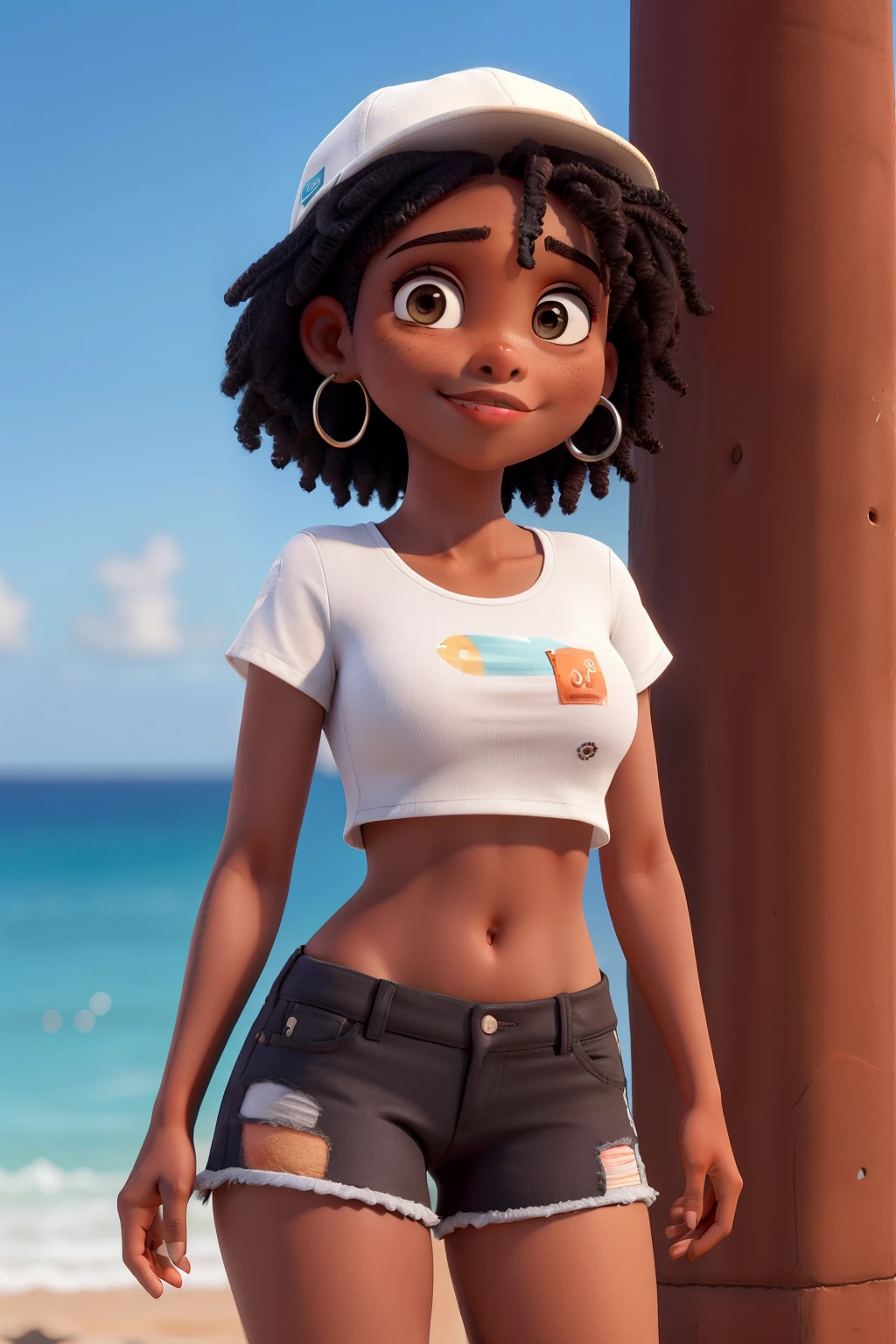 A cartoon girl in shorts and a white shirt standing on a beach - SeaArt AI