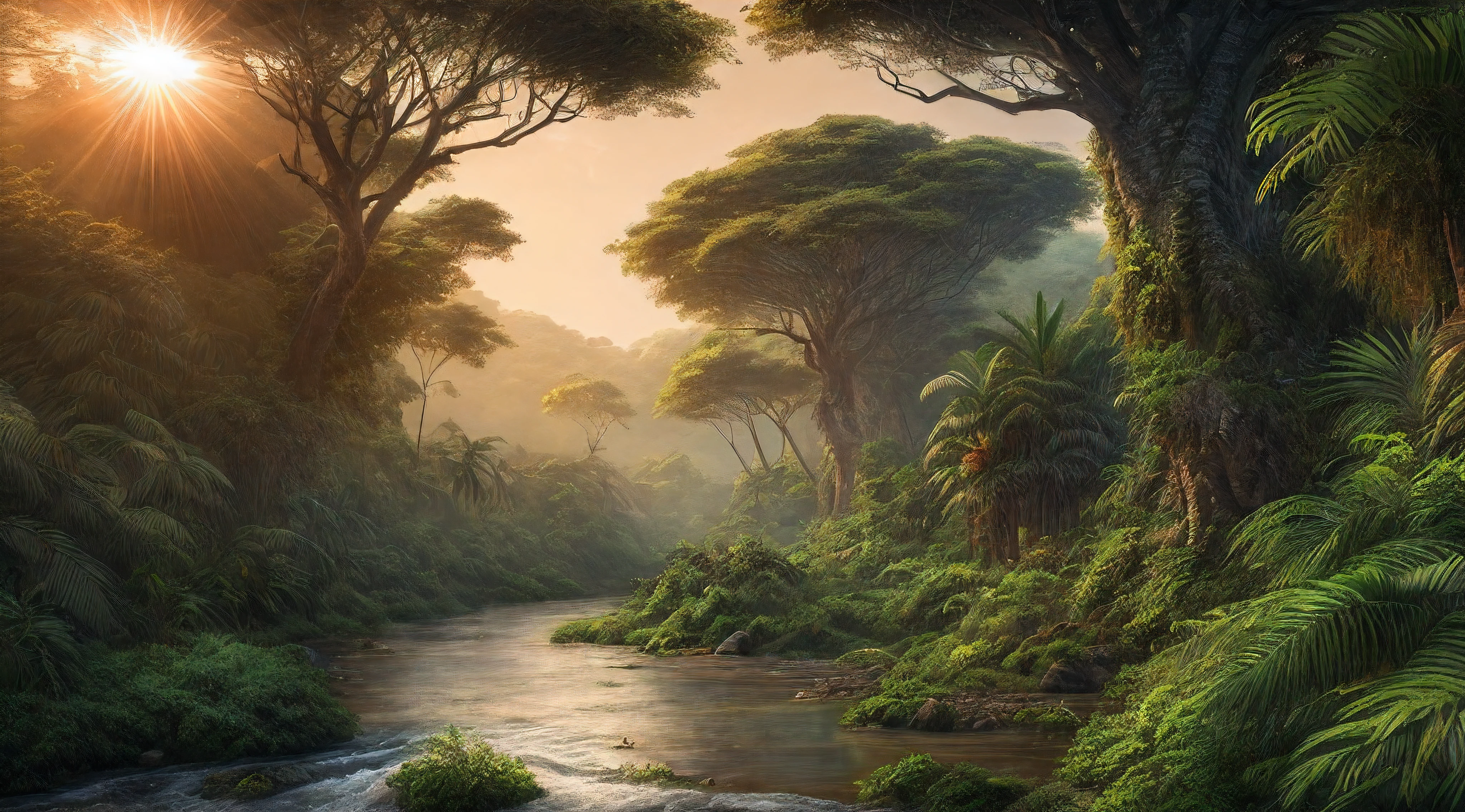 a fotorrealista, premiado, melhor detalhado, absurdos, imagem de paisagem de uma selva de fantasia ao amanhecer (Obra de arte, melhor detalhado, melhor qualidade: 1.5) , muitos (árvores da selva: 1.3),  a (rio largo atravessando a selva: 1.1), sol nascendo sendo refletido no rio (Obra de arte, melhor detalhado, melhor qualidade: 1.5),  uma foto da vista dos pássaros, luz do pôr do sol,  melhor qualidade, 16K, [ultra detalhado], Obra de arte, melhor qualidade, (ultra detalhado), corpo todo, foto ultra ampla, fotorrealista,