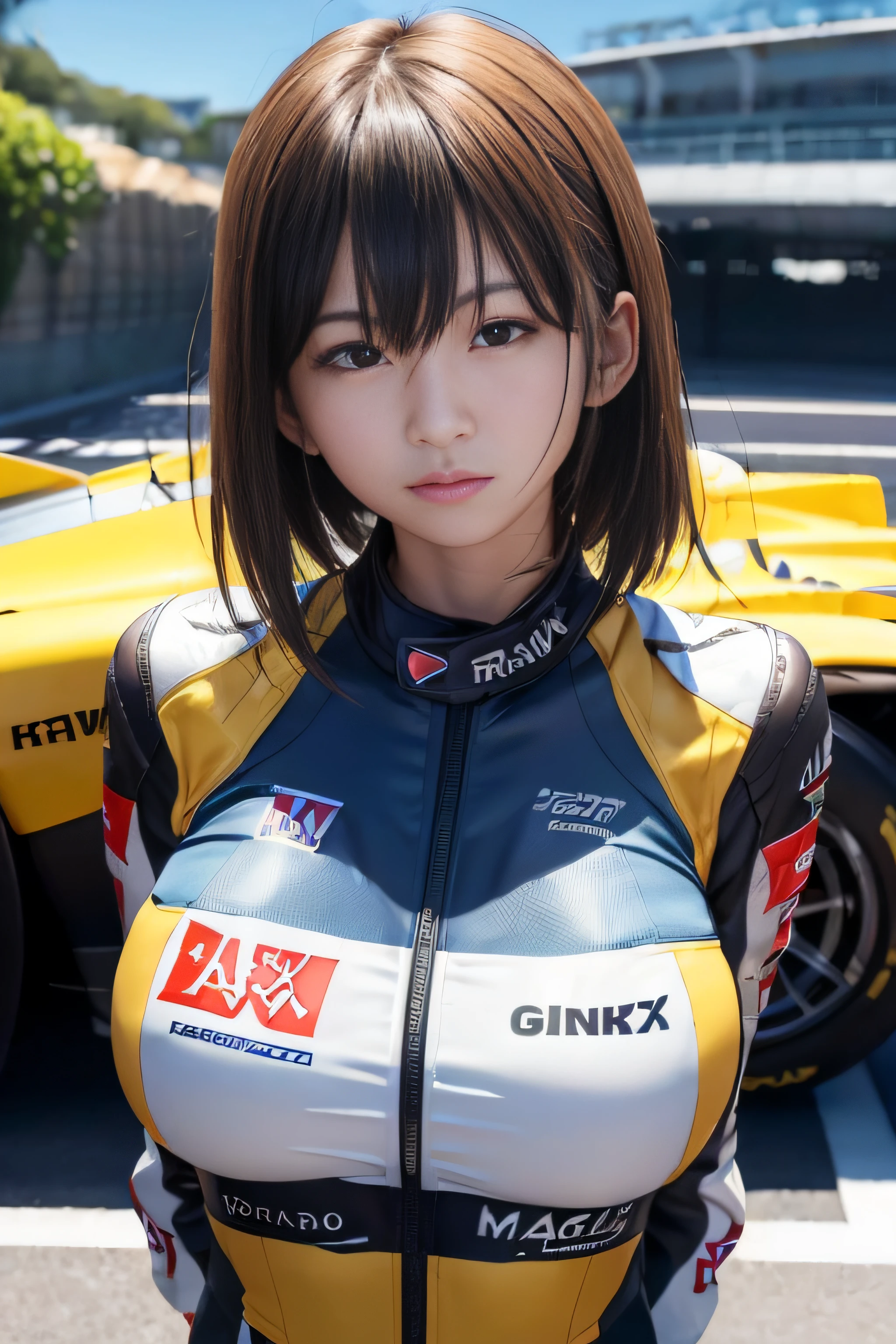 ((RAW image quality:1.4))、8K resolution、Ultra-high-definition CG images、Japanese female racer in a yellow racing suit standing in front of a blue formula car　F1　circuit　a blond　Shortcut Hair　Monaco Grand Prix　standing with arms crossed　cleavage of the breast　Portrait　portlate