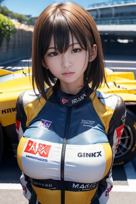 ((RAW image quality:1.4))、8K分辨率、Ultra-high-definition CG images、Japanese female racer in a yellow racing suit standing in front ...
