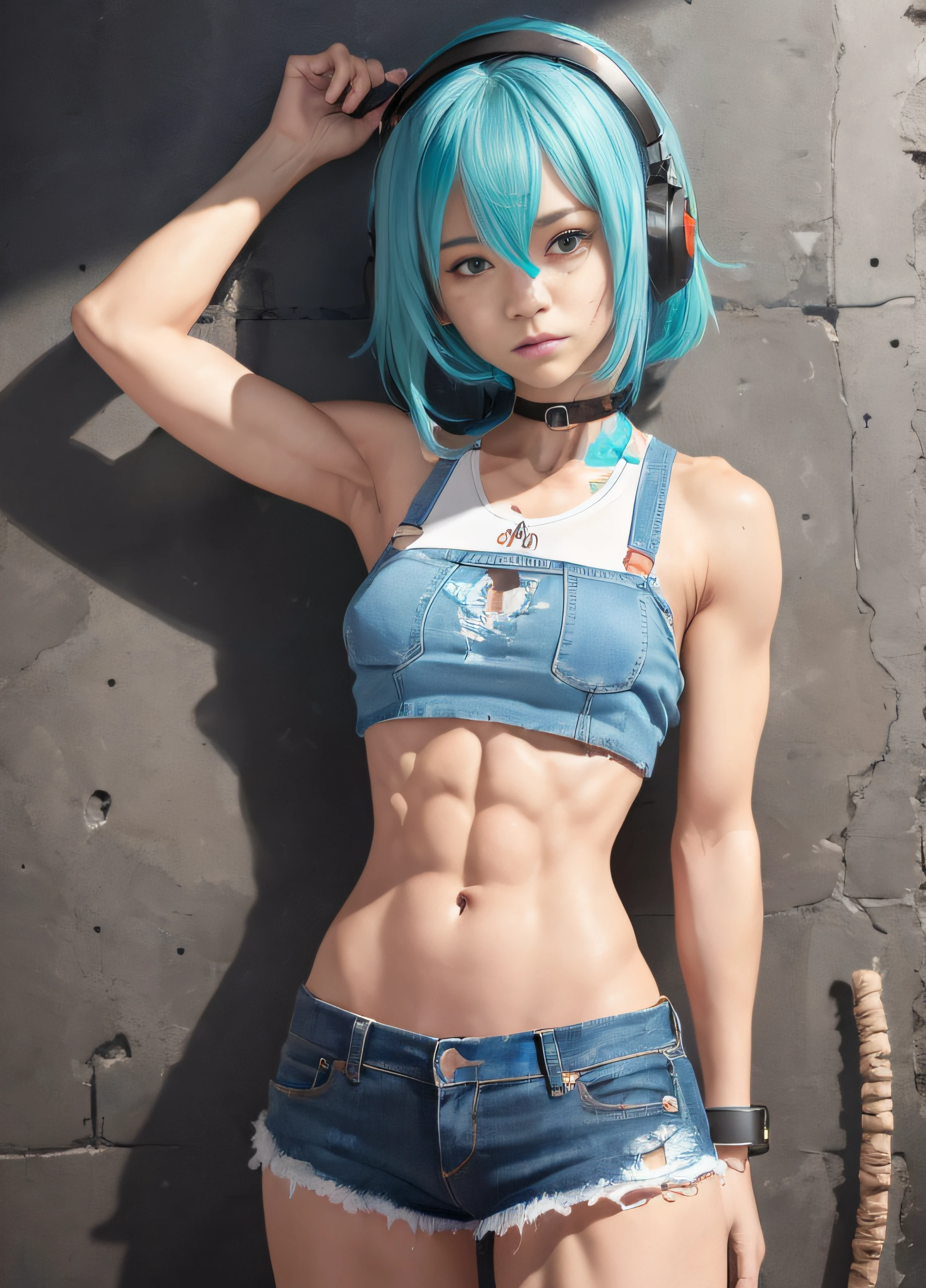 (((RAW image quality:1.4)))、8K resolution、​masterpiece, top-quality, 1girl in, solo, croptop, (Extreme Low Rise Denim Shorts), (You can see that 20cm of rawhide is exposed 20cm below the navel.。.。.:1.4), Less pubic hair, ((abdominals:1.4)), ((musculature:1.4)), Dumbell, a choker, (doodle:1.5), Paint Splatter, arms behind back, Hitting a wall, Look at viewers, Thigh bandana, Paint on the body, tilt of the head, tedium, O cabelo multicolorido, Aqua Eye, headset on head,