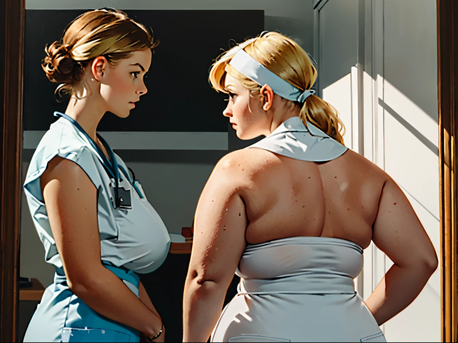2 предмета-женщины,((комикс про набухшую грудь)) топлесс 20-летняя пациентка с ((Гигант, огромная грудь)) измеряет ее бюст, Толстая блондинка, пожилая медсестра в очках смотрит на грудь пациентки, смущенный пациент с рыжими волосами и светлыми прядями, в стиле Нормана Роквуда, очень реалистичная картина маслом, хорошая анатомия, хорошие руки, реалистичные руки и туловище, Подробная информация о клинике,