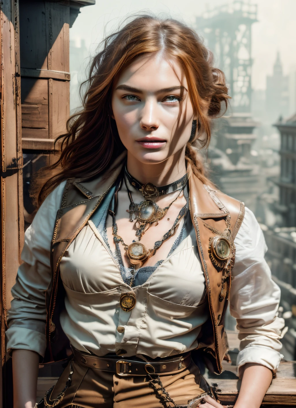 Meisterwerk, Hyperrealistisch, ausführlich, beste Qualität, preisgekröntes Foto, wunderschön sexy young woman, 20 Jahre alt, dunkel mahagonibraunes Haar in einem Zopf, draußen, steampunk city, Steampunk der 1890er Jahre in New York City, trägt eine geknöpfte Weste, Dekollete, enges weißes Hemd mit Knöpfen, Enge Lederjeans, kleine Brüste, Kleinere Brüste, super ausführlich, Schön and aesthetic, Schön, Meisterwerk, beste Qualität, roh, Meisterwerk, super schönes Foto, beste Qualität, super hohe Auflösung, fotorealistischer Realismus, erstaunliche Schönheit, dynamische pose, Lebendige Augen, (VON VORNE), ausführlich face, ausführlich complex busy background, Unordentlich, wunderschön, highly ausführlich skin, realistische Hautdetails, scharfer Fokus, 8k uhd, DSLR camera, gute Qualität, Fotorealismus, Lomographie, riesige Metropole in einer Steampunk-Stadt der 10er Jahre, durchscheinend