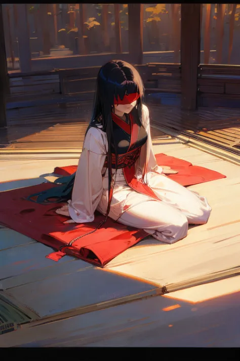 A woman wearing long elaborate silk robes and a blindfold with floor length black hair sitting in a pagoda in a traditional asia...