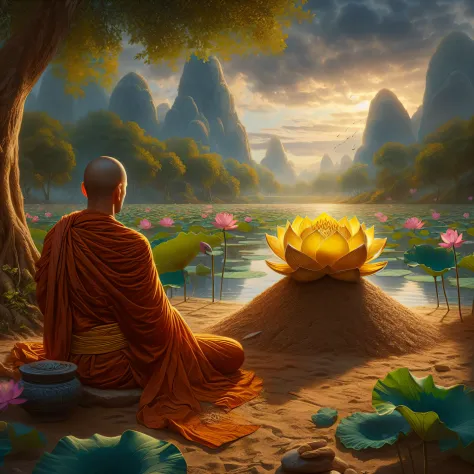 buddha sitting in front of a lake with lotus flowers, sitting on a lotus flower, monk meditate, buddhist monk meditating, standi...