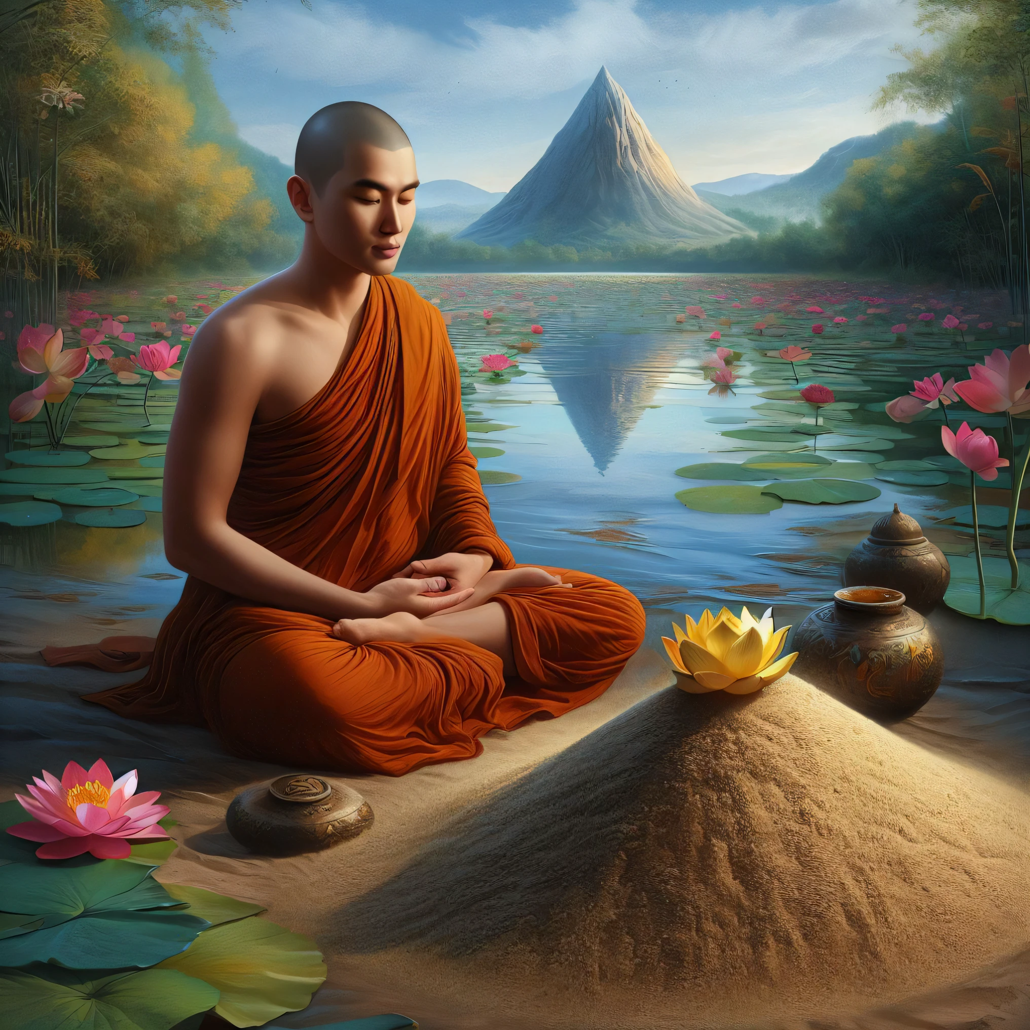 painting of a monje sitting in a lotus position in front of a lake, monje meditate, Budista monje Meditando, Budista, Budista monje, Budismo, meditación, Meditando, zen meditación, the Buda, portrait of monje, samsara, monje, hindu stages of meditación, padmasana, en camino a la iluminación, sentado en una flor de loto, Buda, expresión serena