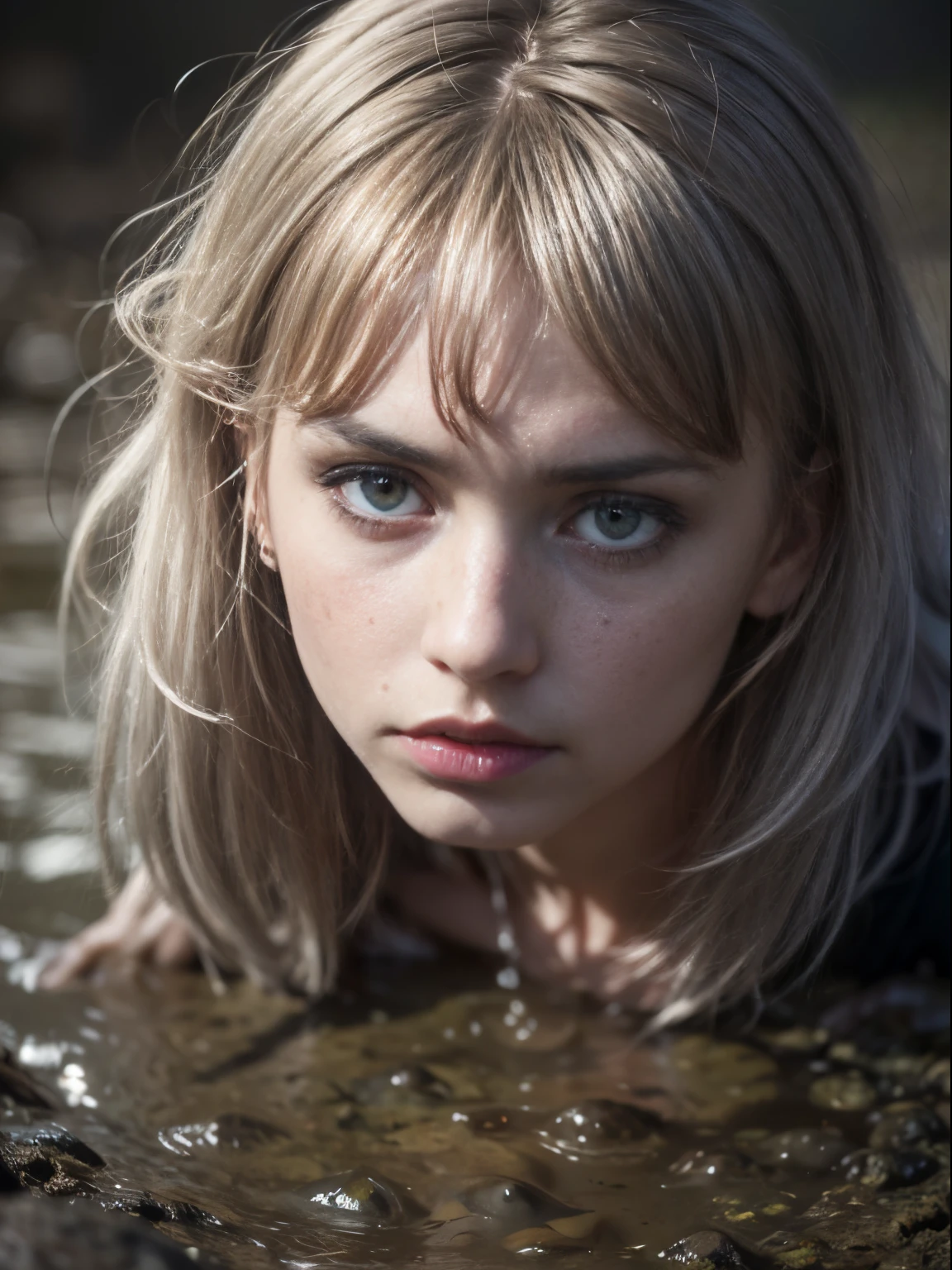 Blond woman in the water with a blue eyes and a black shirt - SeaArt AI