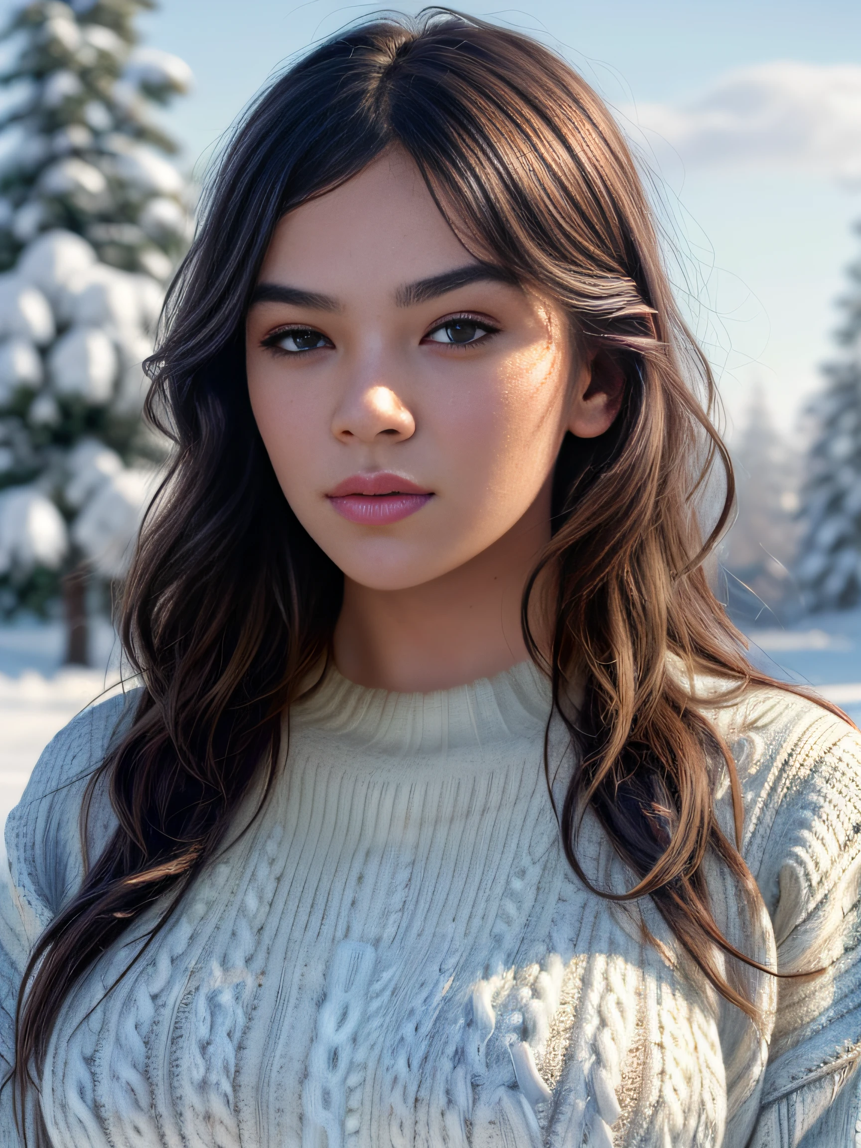 ultra detailed face, long wavy messy hair, sunny winter snow, ground snow, ((front view, ultra detailed nordic eyes)), (((masterpiece, giant tits, giant breasts, white knit sweater))), photorealism, high contrast, photorealistic, photo, masterpiece, realistic, realism, photorealism, high contrast, photorealistic digital art trend on Artstation 8k HD high definition detailed realistic, detailed, skin texture, hyperdetailed, realistic skin texture, best quality, ultra high resolution, (photorealistic: 1.4), high resolution, detailed, raw photo, sharp re, camera kodak portra 400 lens f1.6 rich colors hyper realistic texture dramatic lighting irrealengine trend in artstation cinestill 800.