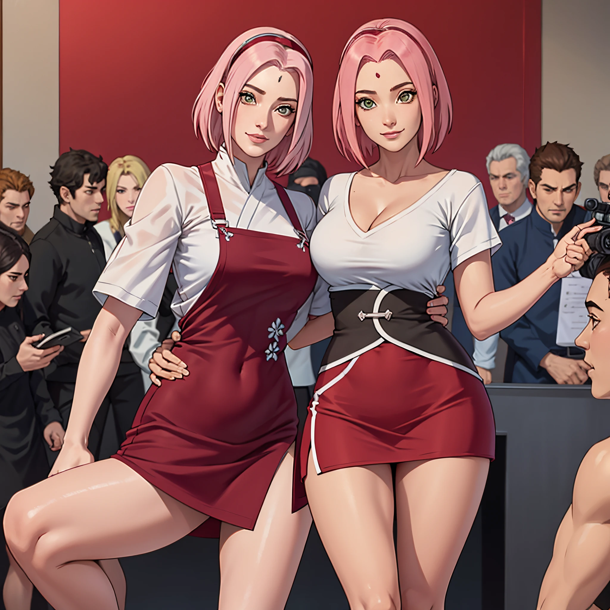 tmasterpiece， La mejor calidad en el mejor de los casos， 1girll， Sakura Haruno， senos grandes，Vestimenta fuera del hombro，（escote)，（Primer plano de la parte superior del cuerpo)，Criado sexy，is shy，smil，con cabello rosado， Pelo largo blanquecino， （Globos oculares verdes:1.4)， Forehead protection， Los cerezos，Cerezos en flor volando，sexy miniskirt Ropa roja，Media cremallera, Figura tetona,  tetas