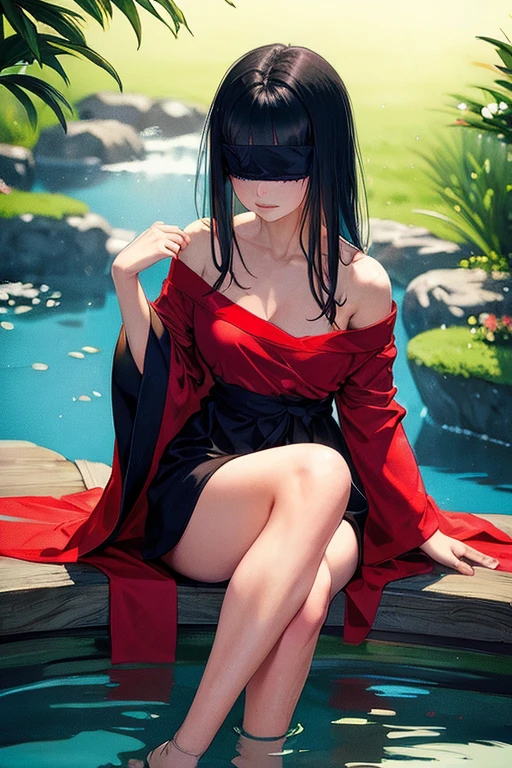 A small chested woman wearing long, modest, colorful, silk robes and a blindfold with floor length black hair sitting in a traditional asian garden by a pond.  she looks soft and peaceful