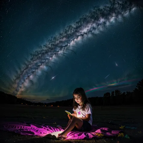 a little girl sitting in the stars and reading a colored shining book, rainbow colored cosmic nebula sky background, stars, gala...
