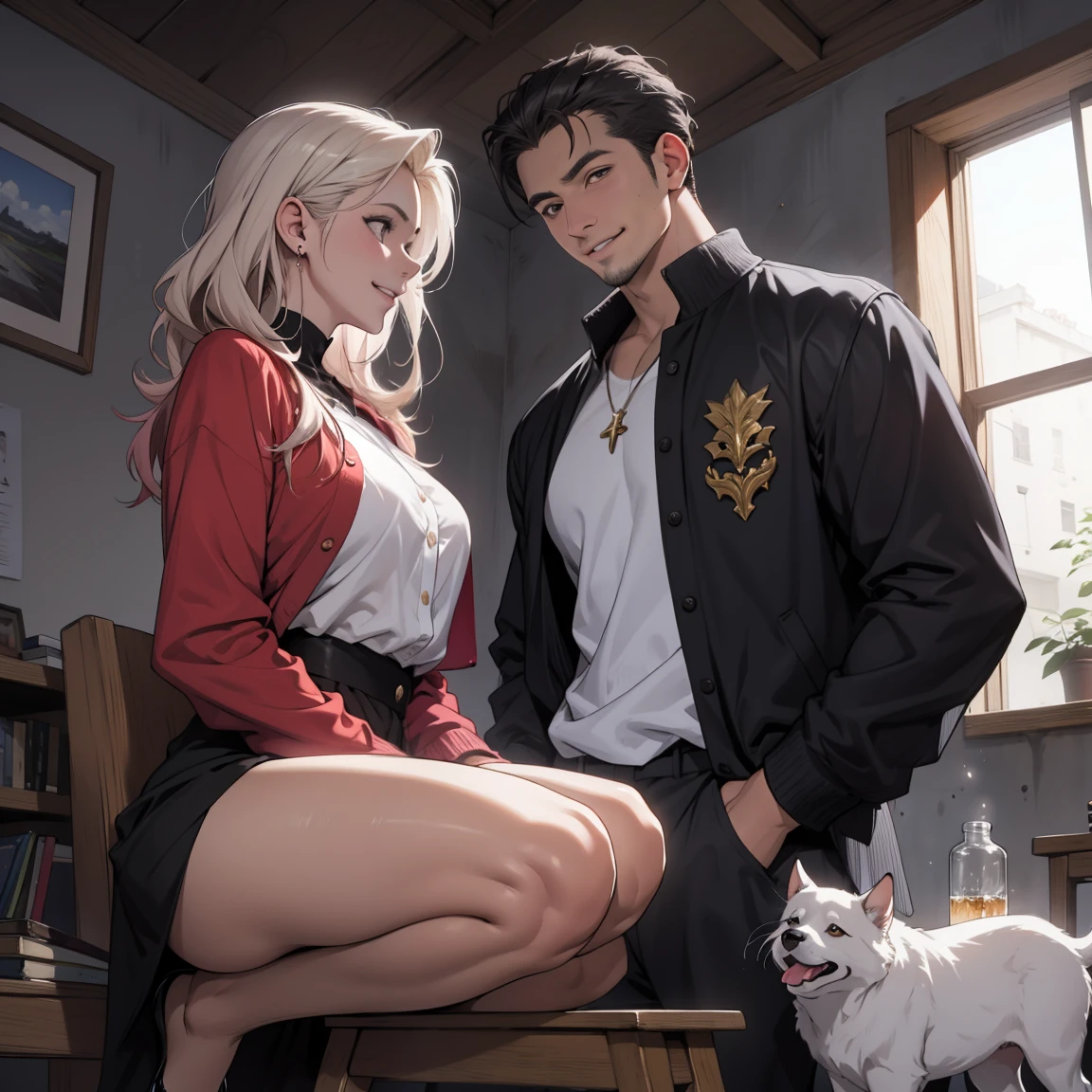 Anime couple posing with a dog in a room - SeaArt AI