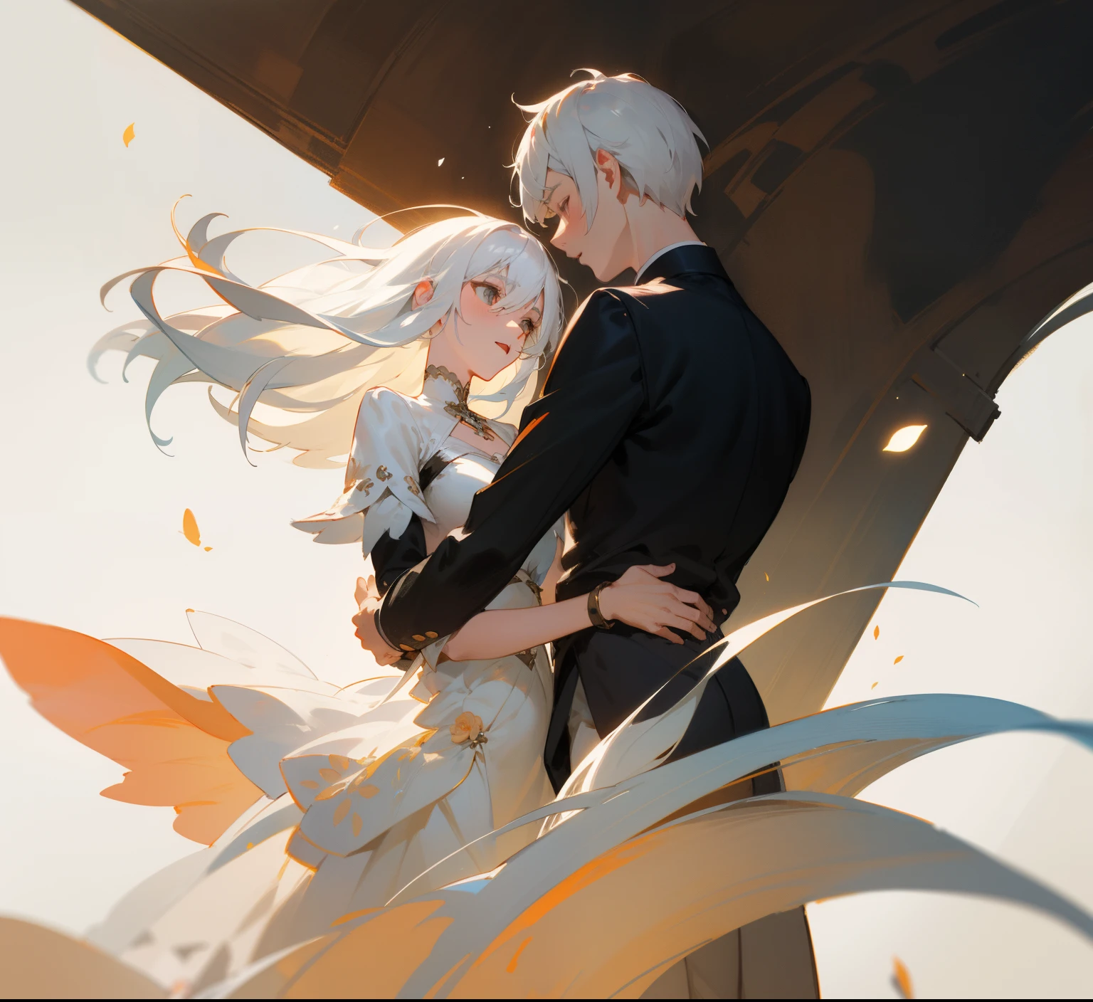 styles， masterpaintings， optimal quality， Special details， Illustration，Show off sex，the wind，florals，correct proportions，Couples，Atmosphere of love，Fresh tones，Simple background，Girls have long white hair，The boy has short white hair，（1male people）（1womanl）