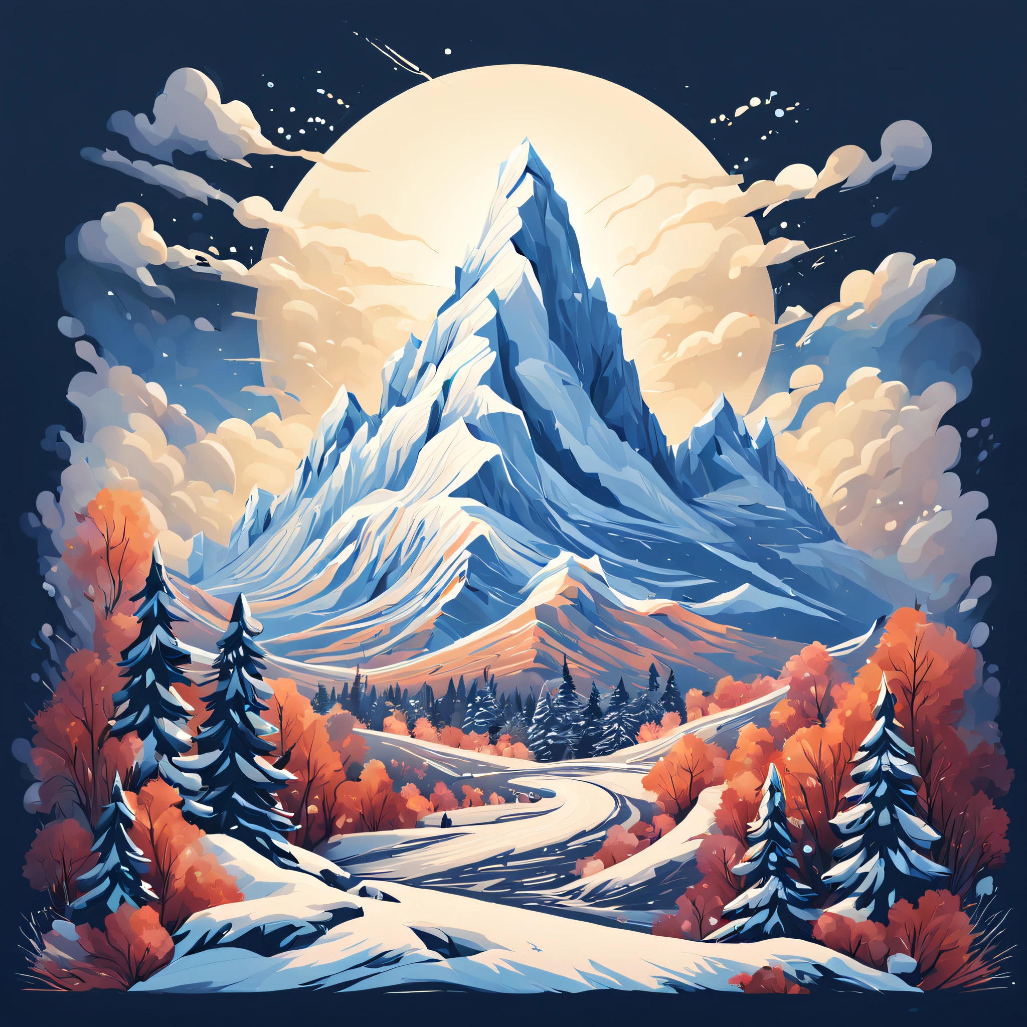 t-shirt design, painting of a snow mountain with big snowfall, a detailed painting by Petros Afshar, shutterstock contest winner, environmental art, detailed painting, outlined art, 2d game art, isolated background for logo