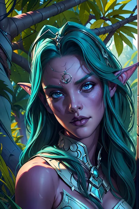 ultra high detailed 3d render of a Tyrande Whisperwind wondering through jungle, giant black panther next to her, high quality, ...