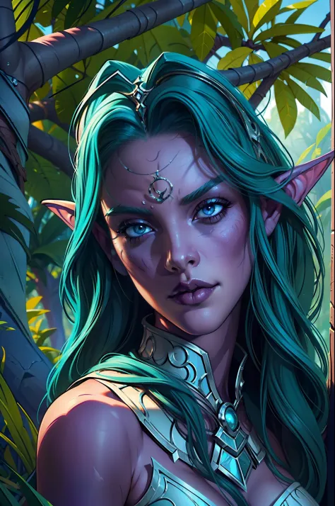 ultra high detailed 3d render of a tyrande whisperwind wondering through jungle, giant black panther next to her, high quality, ...