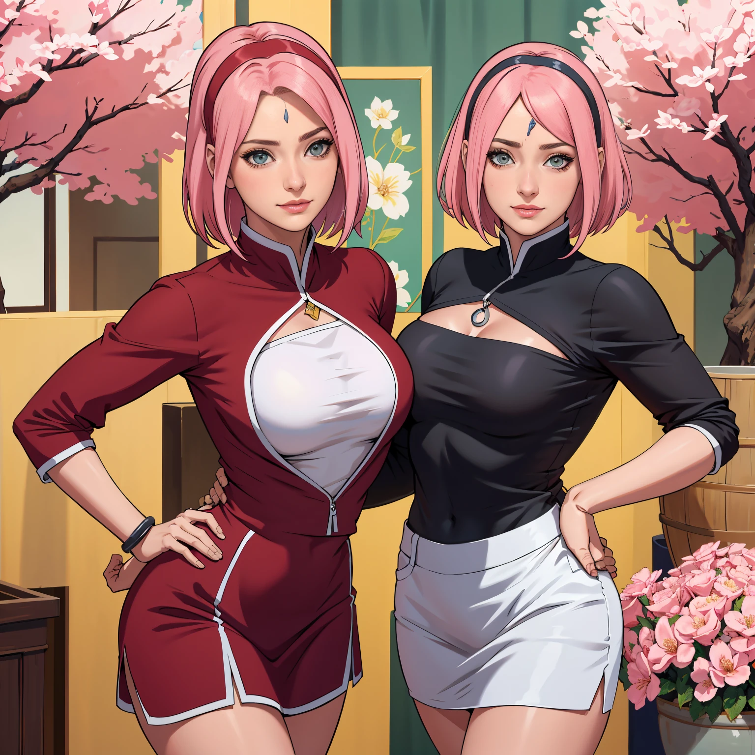 tmasterpiece， La mejor calidad en el mejor de los casos， 1girll， Sakura Haruno， senos grandes，Vestimenta fuera del hombro，（escote)，（Primer plano de la parte superior del cuerpo)，Criado sexy，is shy，smil，con cabello rosado， Pelo largo blanquecino， （Globos oculares verdes:1.4)， Forehead protection， Los cerezos，Cerezos en flor volando，sexy miniskirt Ropa roja，Media cremallera, Figura tetona,  tetas