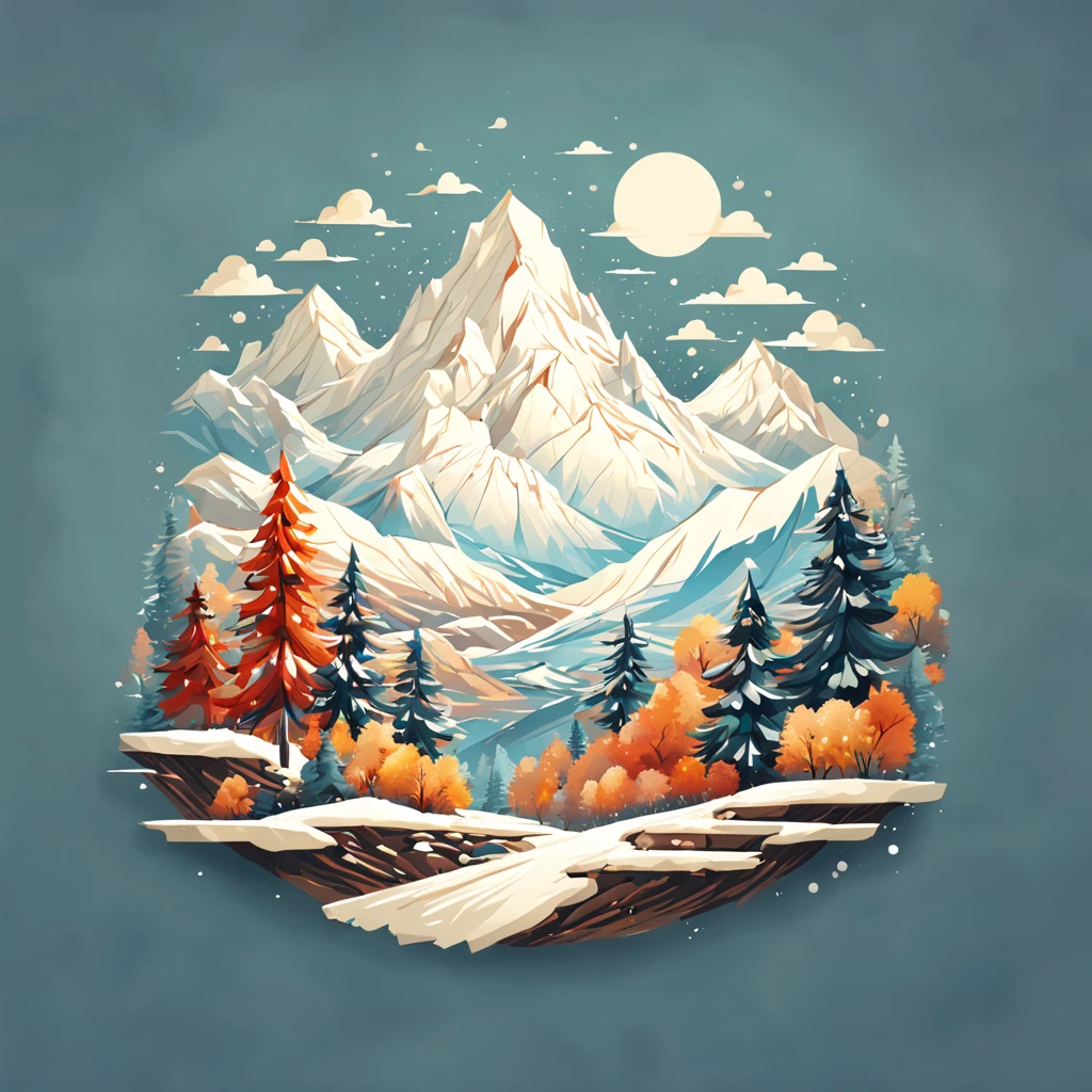 conception de t-shirt, peinture d&#39;une montagne enneigée avec de grosses chutes de neige, a peinture détaillée by Petros Afshar, gagnant du concours Shutterstock, art environnemental, peinture détaillée, art décrit, illustrations de jeu 2D, fond isolé pour le logo