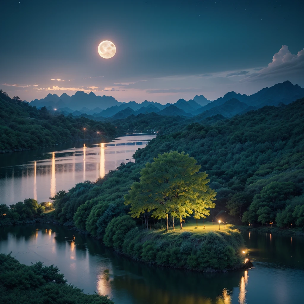 night scene with some house asian, vietnam, viet nam, ha giang, moon, lake in the foreground, calm night, green and blue, digital illustration, 4k highly detailed digital art, night scenery, anime art wallpaper 4k, anime art wallpaper 4 k, 4k detailed digital art, nighttime nature landscape, anime art wallpaper 8 k, background artwork, beautiful art uhd 4 k, 4 k hd illustrative wallpaper