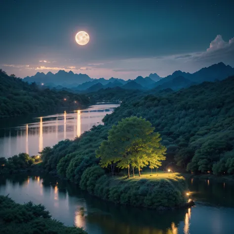 night scene with some house asian, vietnam, viet nam, ha giang, moon, lake in the foreground, calm night, green and blue, digita...